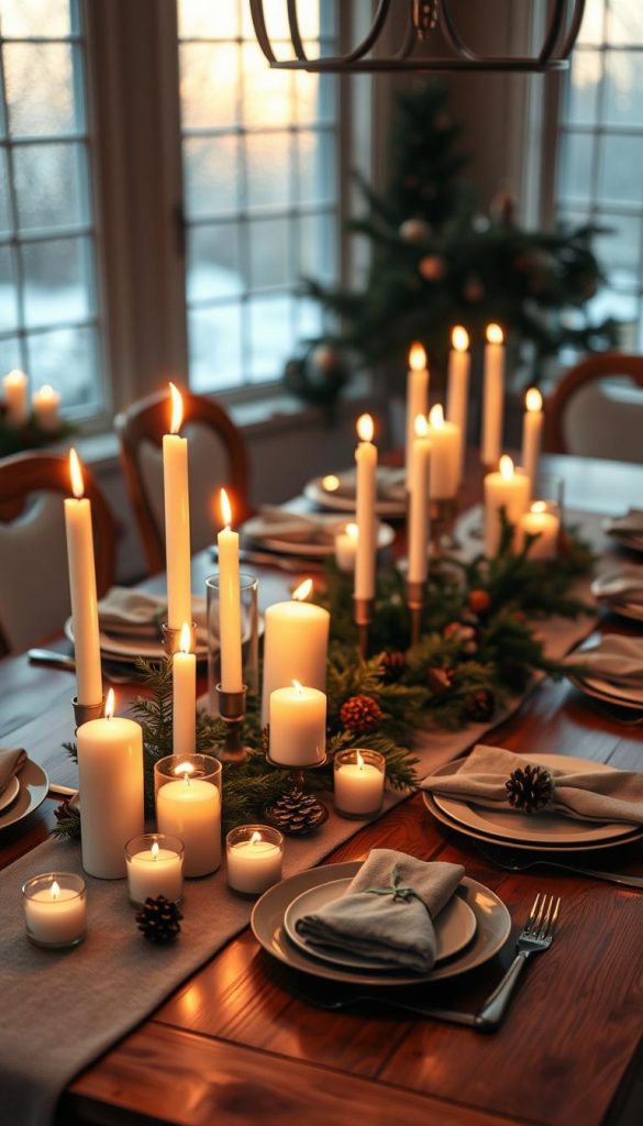 A beautifully styled winter tablescape designed for a warm and luxurious ambiance. The foreground features a rich wooden dining table, adorned with an assortment of elegant candles in varying heights and shapes. Soft, flickering flames create a cozy glow, highlighting a few delicate evergreen branches and pinecones scattered across the table. In the middle ground, lovely table settings with winter-themed dishware and napkins are arranged meticulously, while a stylish tabletop runner enhances the overall decor. In the background, a softly lit room with frosted windows adds to the winter vibes, with the soft focus emphasizing a Pinterest-worthy aesthetic. The lighting is warm, reminiscent of golden hour, captured from a slightly elevated angle to showcase the full depth of the tablescape, exuding an inviting and inspiring mood. This scene reflects natural DIY aesthetics with a touch of elegance, perfect for a winter gathering. Created by KlickKiste.