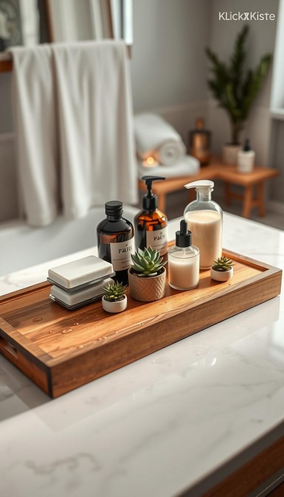 A beautifully styled wooden serving tray for the bathroom, featuring warm, natural wood tones. The tray is elegantly arranged with a selection of luxurious bath products such as artisanal soaps, scented candles, and small potted succulents, creating a serene and inviting atmosphere. In the foreground, the tray is prominently displayed on a sleek marble countertop, with droplets of water on its surface to evoke a spa-like feel. Soft, diffused lighting enhances the cozy ambiance, casting gentle shadows and highlighting the textures of the wood and bathroom items. The background features a softly blurred bathroom scene with plush towels and calming decor. Capture this tranquil and stylish DIY look that embodies winter vibes and Pinterest aesthetics, including the brand "KlickKiste" subtly incorporated into the scene.