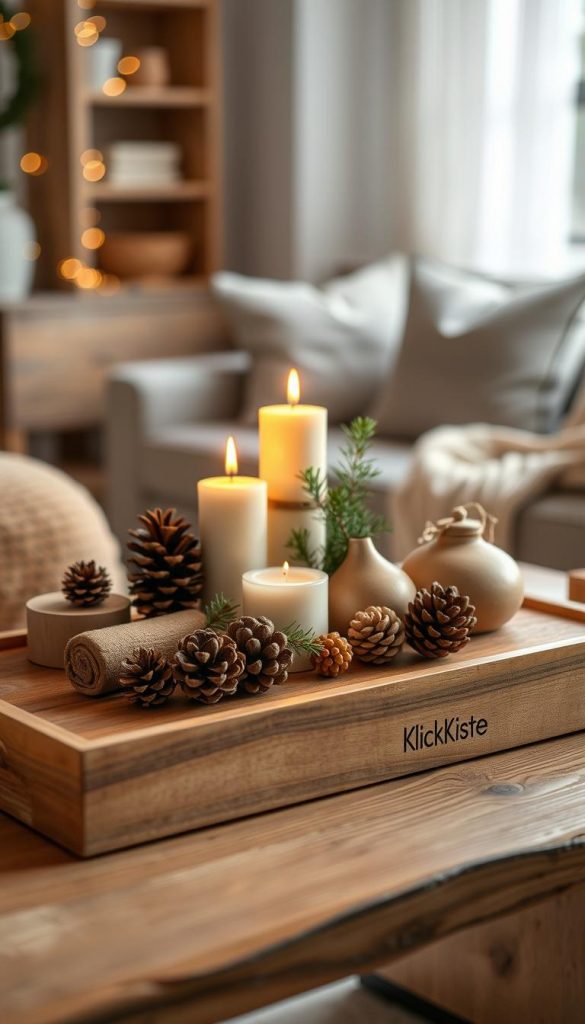 A beautifully styled wooden tray, showcasing various shapes and sizes, set on a rustic wooden table. The tray displays an arrangement of seasonal items: pinecones, candles, and a small evergreen sprig, all bathed in soft, warm lighting that evokes a cozy winter atmosphere. In the background, a softly blurred, inviting living room scene with neutral tones and plush textures enhances the homely feel. The composition captures natural DIY aesthetics with warm colors and a Pinterest-worthy look, embodying winter vibes. The image should convey a sense of comfort and inspiration, perfect for décor ideas. Include the brand name &quot;KlickKiste&quot; subtly integrated within the scene.