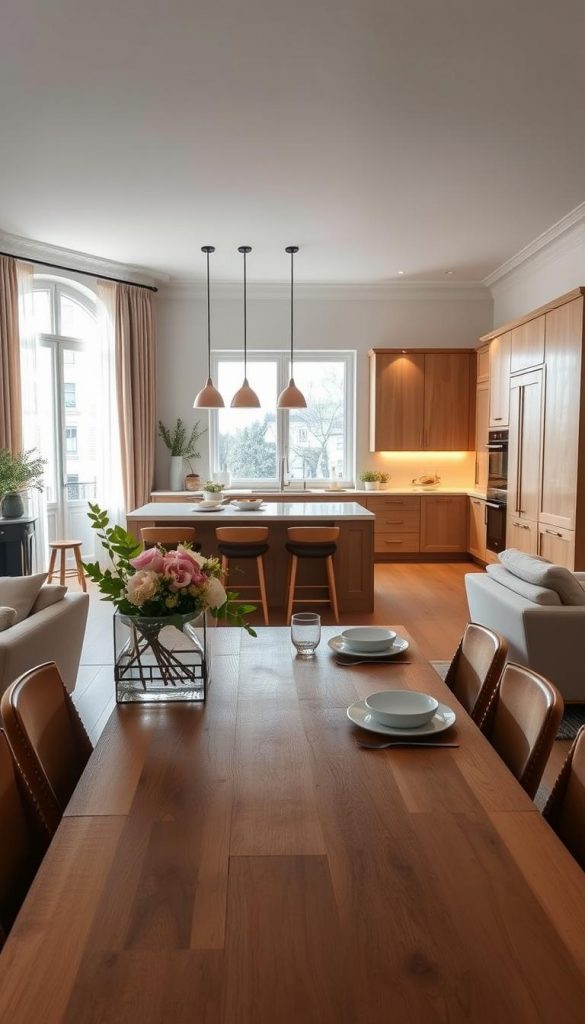 A beautifully transformed Haussmann-style living space featuring an open kitchen and dining area, showcasing a seamless blend of modern and classic elements. The foreground reveals a stylish wooden dining table set with elegant tableware and fresh flowers, while comfortable chairs surround it. In the middle ground, the open kitchen is designed with sleek cabinetry and warm, natural wooden accents, illuminated by soft, ambient lighting that creates a cozy atmosphere. The background features large windows with sheer curtains, allowing gentle winter sunlight to filter in, highlighting the inviting, natural colors of the room. The overall mood is inspiring and homely, reminiscent of Pinterest decor ideas. This image captures the essence of a stylish, functional living area perfect for everyday gatherings. Brand: KlickKiste.