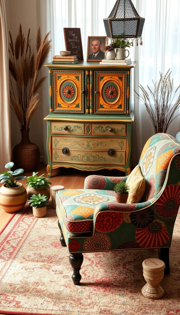 A beautifully upcycled furniture scene showcasing a vibrant, artistic chair and a unique coffee table, both adorned with bold patterns and warm, earthy colors. The foreground features the chair, set against a cozy area rug, with potted plants and handmade decorative items surrounding it. In the middle, a stylishly repainted vintage dresser acts as a focal point, with intricate designs and eye-catching colors. The background reveals a softly lit room filled with natural winter light filtering through sheer curtains, enhancing the inviting atmosphere. The scene evokes warmth and creativity, embodying a Pinterest-inspired DIY aesthetic. This image reflects authentic and inspiring upcycling projects by "KlickKiste," ideal for a home decor article. A beautifully upcycled furniture scene showcasing a vibrant, artistic chair and a unique coffee table, both adorned with bold patterns and warm, earthy colors. The foreground features the chair, set against a cozy area rug, with potted plants and handmade decorative items surrounding it. In the middle, a stylishly repainted vintage dresser acts as a focal point, with intricate designs and eye-catching colors. The background reveals a softly lit room filled with natural winter light filtering through sheer curtains, enhancing the inviting atmosphere. The scene evokes warmth and creativity, embodying a Pinterest-inspired DIY aesthetic. This image reflects authentic and inspiring upcycling projects by "KlickKiste," ideal for a home decor article.