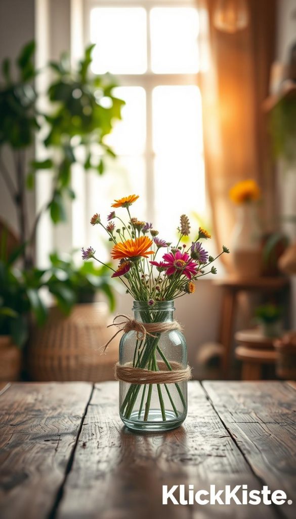 A beautifully upcycled glass vase intricately decorated with natural jute twine and vibrant wildflowers, placed on a rustic wooden table. In the foreground, the glass vase is a focal point, showing off its creative design against a softly blurred background of a bright, sunlit room filled with greenery and sustainable decor elements. The middle ground features textures of recycled fabrics and other vintage finds that enhance the earthy, eco-friendly vibe. Soft, warm natural lighting pours in, creating a cozy atmosphere reminiscent of a Pinterest-worthy DIY space. The image evokes a sense of inspiration and authenticity, perfect for showcasing sustainable ideas. Sponsored by KlickKiste.