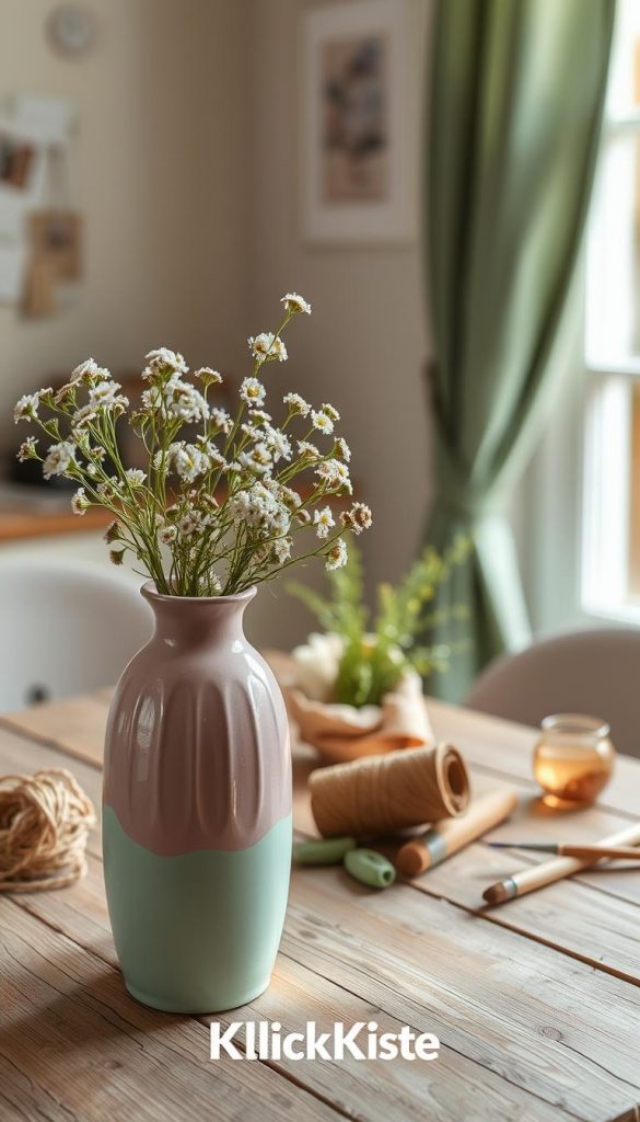A beautifully upcycled vase showcasing a blend of soft pastel colors such as mint green, blush pink, and gentle lavender. In the foreground, the vase is filled with delicate wildflowers, adding a touch of nature. The middle ground features a rustic wooden table with scattered crafting materials like twine and paintbrushes, evoking the DIY spirit. In the background, a softly lit, bright window bathes the scene in warm, natural light, enhancing the serene atmosphere. The overall mood is fresh, inviting, and inspiring, capturing the essence of spring rejuvenation. The image should reflect a Pinterest-worthy aesthetic, appealing to those interested in a creative home reset. The brand name "KlickKiste" should also be subtly represented in the image. A beautifully upcycled vase showcasing a blend of soft pastel colors such as mint green, blush pink, and gentle lavender. In the foreground, the vase is filled with delicate wildflowers, adding a touch of nature. The middle ground features a rustic wooden table with scattered crafting materials like twine and paintbrushes, evoking the DIY spirit. In the background, a softly lit, bright window bathes the scene in warm, natural light, enhancing the serene atmosphere. The overall mood is fresh, inviting, and inspiring, capturing the essence of spring rejuvenation. The image should reflect a Pinterest-worthy aesthetic, appealing to those interested in a creative home reset. The brand name "KlickKiste" should also be subtly represented in the image.