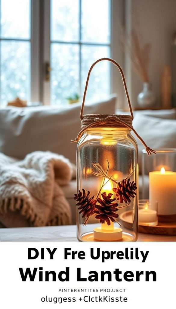 A beautifully upcycled wind lantern made from a glass jar, elegantly adorned with natural twine and delicate pinecones, placed prominently in the foreground. The middle ground features a cozy living room setting decorated with neutral, warm winter tones and soft textures, including a plush faux fur throw and simple wooden decor. In the background, a softly lit window with frosted glass shows gentle snowfall, creating an inviting winter vibe. The warm light emanating from the lantern casts a soft glow, enhancing the atmosphere of tranquility and inspiration. The scene is styled in a Pinterest-friendly aesthetic, emphasizing authenticity and elegance, reflecting a budget-friendly DIY project by KlickKiste. The angle highlights the lantern's intricate details while capturing the overall cozy ambiance of the room.
