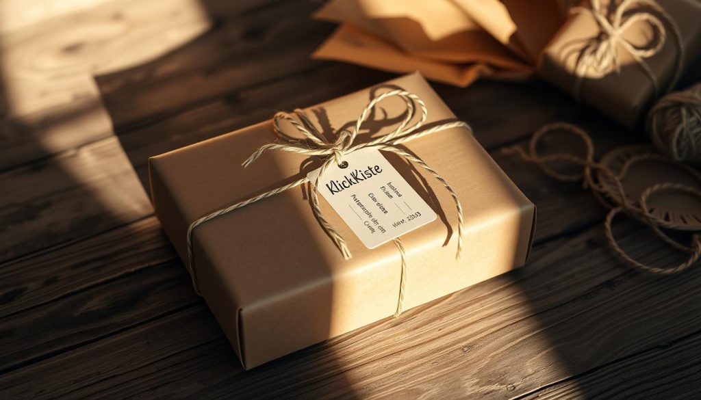 A beautifully wrapped gift box in natural tones, resting on a rustic wooden surface. The packaging features a minimalist design with a simple ribbon and a handcrafted tag bearing the brand name "KlickKiste". Soft, warm lighting casts gentle shadows, creating an inviting, cozy atmosphere. In the background, subtle hints of DIY materials, such as kraft paper and twine, suggest a homemade, personalized touch. The overall scene exudes a sense of thoughtfulness and attention to detail, perfectly capturing the essence of the article's section on "Verpacken, präsentieren, überraschen: die Inszenierung macht den Unterschied".