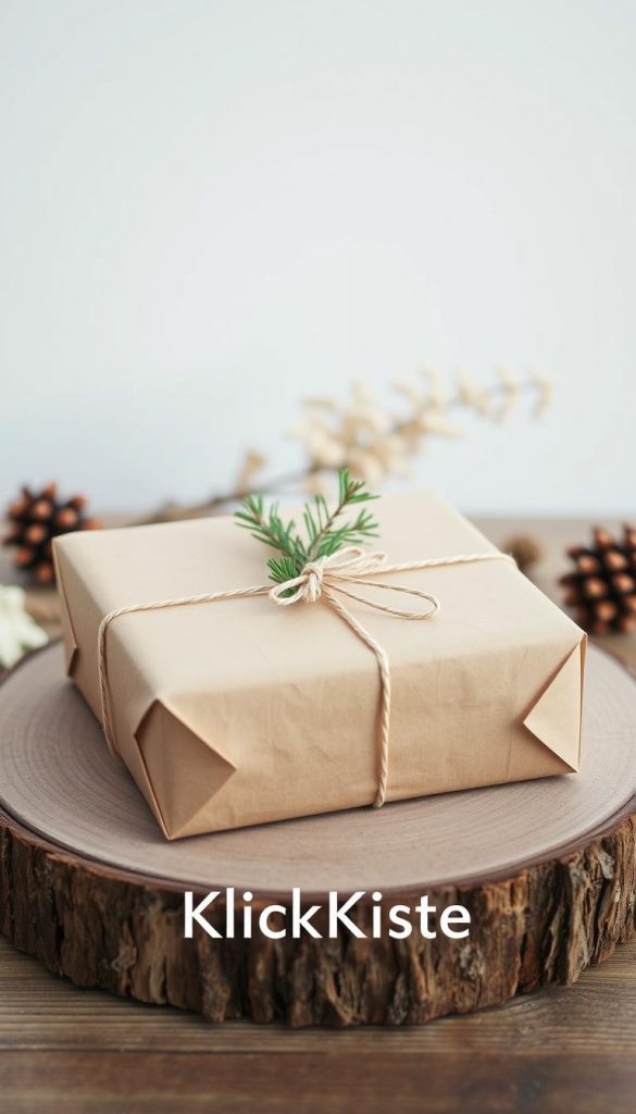 A beautifully wrapped gift box sits atop a rustic, wooden surface, its natural kraft paper exterior adorned with a delicate sprig of pine and a chic, minimalist ribbon. Soft, diffused light bathes the scene, creating a cozy, winter-inspired atmosphere. In the background, a subtle, out-of-focus arrangement of natural elements, such as dried flowers and pinecones, adds depth and texture. The overall aesthetic is warm, inviting, and reminiscent of a stylish, Pinterest-inspired DIY project. The text &quot;KlickKiste&quot; is subtly integrated into the composition, reflecting the sustainable and personalized nature of the packaging.