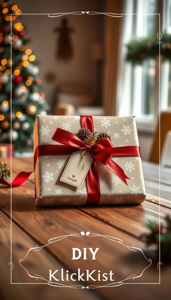 A beautifully wrapped gift package showcasing expert techniques for clean corners and luxurious details. In the foreground, the gift, adorned with a shiny deep red ribbon and a tasteful tag, lies on a rustic wooden table. The wrapping paper has an elegant winter pattern, with soft snowflakes and pine trees, emanating a cozy holiday feel. The middle features delicate embellishments like golden twine and pine cones artistically arranged. In the background, a softly lit room with a glimpse of a decorated Christmas tree enhances the festive atmosphere. Warm, inviting lighting casts gentle shadows, emphasizing the textures of the package. The overall mood is charming and inviting, perfect for DIY enthusiasts. Branding from "KlickKiste" subtly included through a decorative border around the gift, adding a professional touch. A beautifully wrapped gift package showcasing expert techniques for clean corners and luxurious details. In the foreground, the gift, adorned with a shiny deep red ribbon and a tasteful tag, lies on a rustic wooden table. The wrapping paper has an elegant winter pattern, with soft snowflakes and pine trees, emanating a cozy holiday feel. The middle features delicate embellishments like golden twine and pine cones artistically arranged. In the background, a softly lit room with a glimpse of a decorated Christmas tree enhances the festive atmosphere. Warm, inviting lighting casts gentle shadows, emphasizing the textures of the package. The overall mood is charming and inviting, perfect for DIY enthusiasts. Branding from "KlickKiste" subtly included through a decorative border around the gift, adding a professional touch.