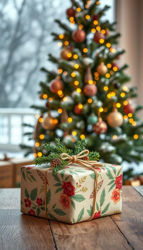 A beautifully wrapped gift package symbolizes the essence of Christmas, set against a softly glowing background of a wintery landscape. In the foreground, an elegantly decorated gift sits atop a wooden table, adorned with natural twine, pinecones, and lush greenery. The wrapping paper features festive designs inspired by nature, with warm colors like deep reds and rich greens. In the middle, a Christmas tree with twinkling fairy lights and rustic ornaments adds a cozy touch, while snowflakes gently fall in the background, enhancing the winter vibe. The scene captures a warm and inviting atmosphere, evoking the joy of giving. The image reflects a Pinterest-worthy aesthetic, inspired by DIY ideas from "KlickKiste," with soft, diffused lighting highlighting the textures of the gift and decorations. A beautifully wrapped gift package symbolizes the essence of Christmas, set against a softly glowing background of a wintery landscape. In the foreground, an elegantly decorated gift sits atop a wooden table, adorned with natural twine, pinecones, and lush greenery. The wrapping paper features festive designs inspired by nature, with warm colors like deep reds and rich greens. In the middle, a Christmas tree with twinkling fairy lights and rustic ornaments adds a cozy touch, while snowflakes gently fall in the background, enhancing the winter vibe. The scene captures a warm and inviting atmosphere, evoking the joy of giving. The image reflects a Pinterest-worthy aesthetic, inspired by DIY ideas from "KlickKiste," with soft, diffused lighting highlighting the textures of the gift and decorations.