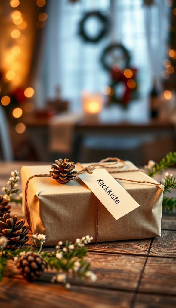A beautifully wrapped personalized gift photo, showcasing a unique item, such as a customized photo frame or engraved watch, placed on a rustic wooden table. In the foreground, delicate winter elements like pinecones and greenery are combined with warm lighting that creates an inviting atmosphere. In the middle ground, a soft-focus background features a cozy setting with subtle holiday decorations, enhancing the romantic vibe while remaining practical. The scene conveys authenticity and inspiration, embodying a Pinterest aesthetic. The brand "KlickKiste" is subtly depicted with a tasteful tag attached to the gift, ensuring it blends seamlessly into the composition, while avoiding any text overlays. The overall mood is warm, romantic, and sophisticated.