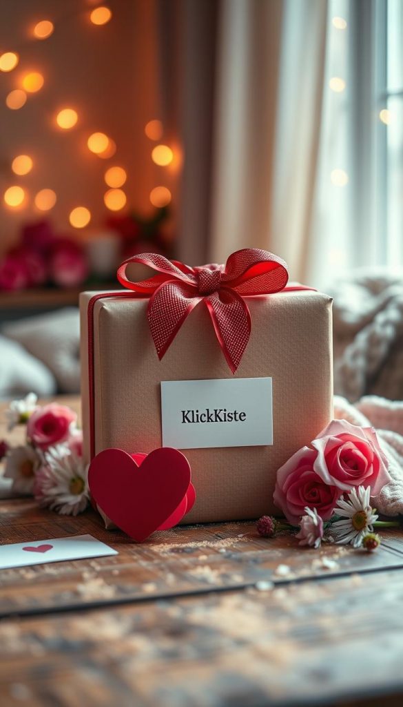 A beautifully wrapped surprise gift for Valentine's Day featuring an intricate red and gold bow atop a rustic wooden table. In the foreground, a subtle heart-shaped card lies beside the gift, hinting at a personal touch. The middle ground includes fresh seasonal flowers like roses and daisies, arranged naturally to enhance the romantic ambiance. The background softly shows a softly lit, cozy room with warm tones, fairy lights twinkling, creating an inviting atmosphere. The scene captures a DIY aesthetic, reminiscent of Pinterest inspiration, with winter vibes infused through cozy textures like knitted fabric. The brand name "KlickKiste" appears discreetly integrated into the gift wrap design. The overall mood is warm, heartfelt, and inspiring, ideal for a creative gift-giving theme.