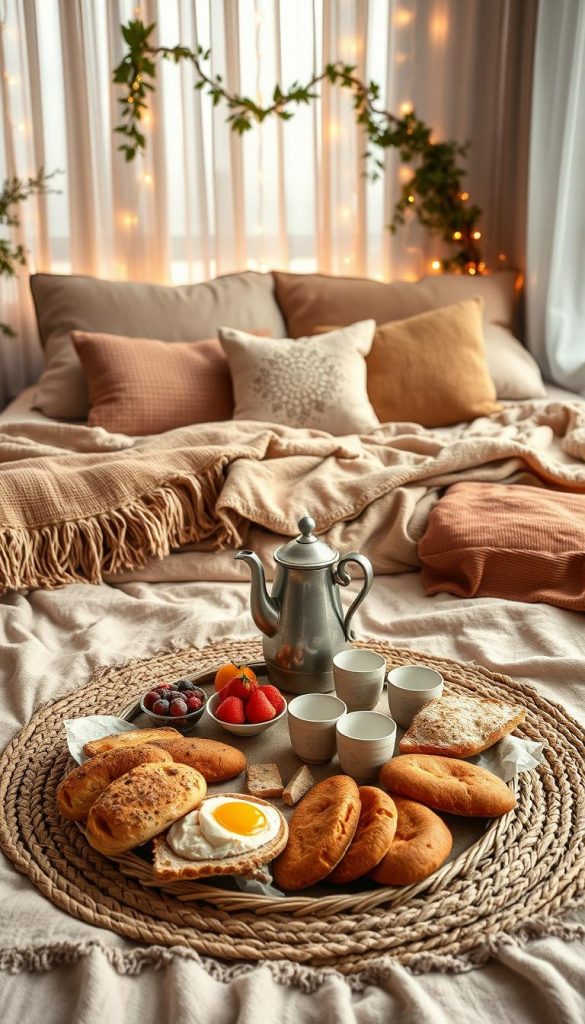 A boho-style bedroom picnic setup for Valentine's Day, featuring a cozy bedding arrangement with soft, textured blankets and decorative cushions in earthy, warm tones. In the foreground, a beautifully arranged picnic spread is presented on a woven mat, showcasing artisanal bread, fruits, and delicate pastries, all artfully styled. The middle ground displays a rustic tray holding an elegant teapot and mismatched vintage cups, inviting a sense of relaxation. The background features subtle touches of greenery, warm fairy lights, and soft natural light filtering through sheer curtains, creating a warm and inviting atmosphere. The overall mood exudes romance and comfort, ideal for a unique celebration. Crafted in a natural, DIY style reminiscent of Pinterest aesthetics, with a touch of winter vibes. Branding element: KnickKiste.