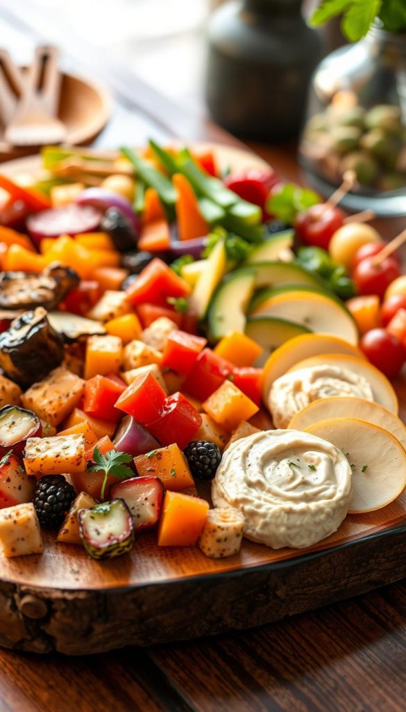 A bountiful display of vibrant vegetarian and vegan finger foods, arranged artfully on a rustic wooden board. Bite-sized morsels in a rainbow of colors - roasted vegetables, creamy hummus, crisp crudités, and succulent fruit skewers. Warm lighting casts a cozy glow, highlighting the natural textures and earthy tones. The scene exudes a sense of homemade simplicity, a perfect balance of nourishment and aesthetic appeal. Perfectly suited to grace the pages of a magazine or inspire a cozy gathering. A tempting array of plant-based delights, ready to delight the senses.