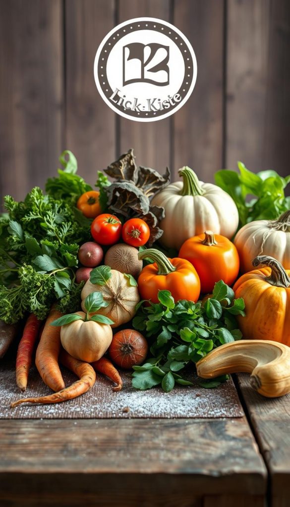 A bountiful still life of seasonal vegetables, including vibrant root vegetables, leafy greens, and winter squash, artfully arranged on a rustic wooden surface. Soft, diffused lighting casts a warm, cozy glow, accentuating the rich colors and textures. The composition has a natural, DIY feel, inspired by the Pinterest aesthetic, with a touch of winter whimsy. In the background, a KlickKiste logo adds a subtle branded touch, complementing the authentic, inspirational mood.