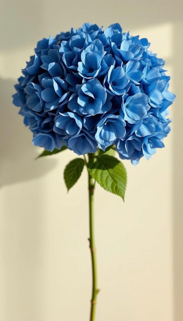 A bouquet of lush, vibrant blue hydrangeas stands tall, their velvety petals catching the soft, diffused light of a winter afternoon. The arrangement is set against a backdrop of muted chartreuse and delicate rose tones, creating a modern, cozy palette that evokes a sense of warmth and natural beauty. The overall composition has a relaxed, Pinterest-inspired aesthetic, with a touch of rustic elegance. Captured with a KlickKiste lens, this image would make a stunning centerpiece for your winter-themed decor.