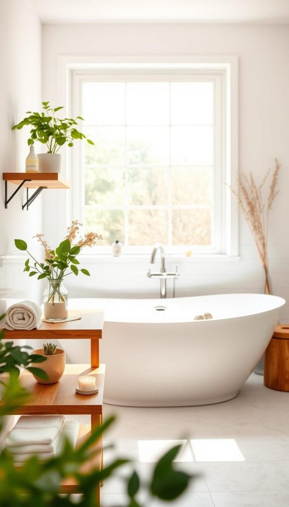A bright and airy bathroom designed for spring, showcasing fresh decor ideas. In the foreground, elegant wooden shelves holding potted green plants, soft pastel towels, and a DIY vase filled with seasonal flowers. The middle ground features a sleek white freestanding bathtub adorned with natural stones and candles, inviting a serene atmosphere. In the background, a large window allows plenty of soft, natural light to filter in, illuminating light, earthy tones of the walls and rustic accents. Soft shadows create depth, with a slightly blurred focus effect around the edges to enhance the tranquility of the scene. The overall mood is refreshing, clean, and inspiring, embodying a natural, Pinterest-worthy aesthetic. Brand name: KlickKiste.