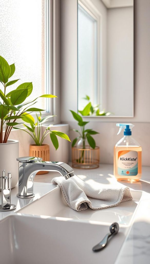 A bright and airy bathroom scene showcasing a pristine, modern atmosphere. In the foreground, a sleek, stylish microfiber cleaning cloth is draped over a gleaming faucet, hinting at its quick-drying, streak-free capabilities. To the side, a bottle of "KlickKiste" cleaning solution sits elegantly on a marble countertop, with soft reflections enhancing its appeal. In the middle ground, a sparkling mirror reflects an inviting, sunlit ambiance, with light streaming in through a frosted window, creating warm shadows. Plants with vibrant green leaves add a touch of natural beauty, enhancing the serene and organized vibe of the space. The overall mood conveys freshness and tranquility, perfect for promoting a spa-like experience at home. The image should be captured from a slightly elevated angle to emphasize cleanliness and order while remaining visually inspiring.