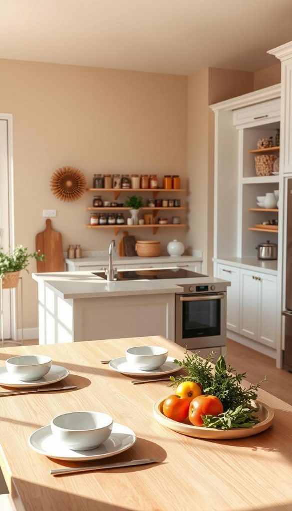A bright and airy kitchen space featuring soft, light-colored walls in a warm beige tone, complemented by white cabinetry. The foreground includes a polished wooden table set with minimalistic, elegant tableware and a few colorful ingredients, like fresh herbs and vibrant vegetables, arranged artfully. The middle ground showcases a sleek kitchen island with modern appliances in stainless steel, while gentle sunlight streams through a large window, casting soft shadows and highlighting textures. In the background, an open pantry is neatly organized with glass jars, showcasing an array of spices and pantry items, all contributing to an inviting and spacious feel. Include a “KlickKiste” touch with decorative elements that reflect natural DIY aesthetics. The overall atmosphere is warm, inviting, and spacious, embodying the concept of a larger kitchen through clever use of color and materials.