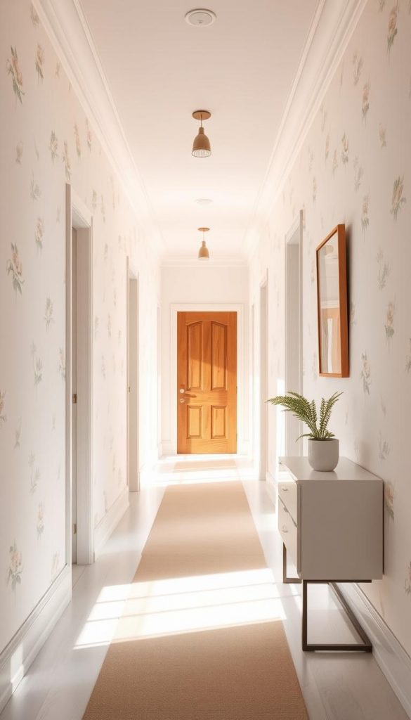 A bright and inviting hallway with light-colored walls that reflect natural light, creating a warm and cozy atmosphere. The floor is adorned with a soft, neutral-toned runner, enhancing the comfort of the space. On the walls, there are tasteful wallpaper patterns in soft pastel hues, featuring subtle floral designs that add charm without overwhelming the senses. In the foreground, a small potted plant sits on a sleek console table, introducing a touch of greenery. The middle view focuses on the corridor extending into the distance, bathed in soft, diffused lighting from stylish fixtures above. In the background, a glimpse of an elegant wooden door and framed artwork can be seen, completing the aesthetic. Designed in the Pinterest style, this image embodies natural DIY decor with warm winter vibes, inspired by KlickKiste's aesthetic.