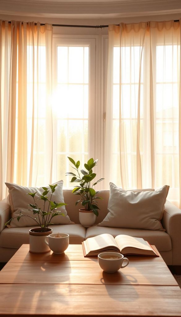 A bright and inviting living room showcasing large, clean windows adorned with light, flowing curtains that flutter gently in the breeze. Sunlight streams through the glass, creating warm, golden hues that fill the space with a sense of freshness and openness. In the foreground, a cozy sofa with soft pillows invites relaxation, while a potted houseplant adds a touch of nature. The middle ground features a simple wooden coffee table, set with a steaming cup of herbal tea and a few open books, encouraging a peaceful atmosphere. The background reveals a painted wall in light pastel shades, enhancing the overall warmth of the scene. Capture this image with soft natural lighting to evoke a springtime vibe, reflecting the inspiration of "KlickKiste" with a Pinterest-like aesthetic.