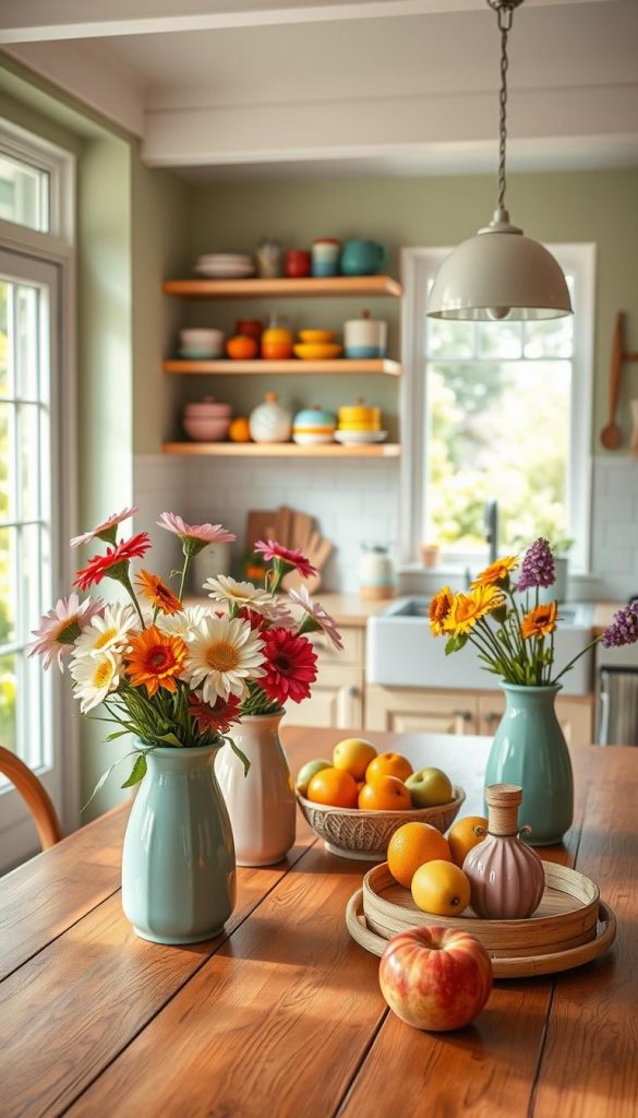 A bright and inviting spring kitchen scene featuring a charming and colorful decor. In the foreground, a wooden table is adorned with fresh flowers in pastel vases, vibrant fruits, and DIY upcycled kitchen utensils. The middle of the image showcases open shelves filled with colorful dishes and decorative jars, with a backdrop of soft green walls and natural light streaming through large windows. In the background, a sunny window reveals a garden view, enhancing the fresh spring vibes. The overall atmosphere is warm, homey, and inspiring, perfect for DIY enthusiasts. Capture the essence of natural, colorful decor with a Pinterest-inspired aesthetic, highlighting the brand "KlickKiste" subtly in the decor details. Use soft, warm lighting to enhance the cozy feel.