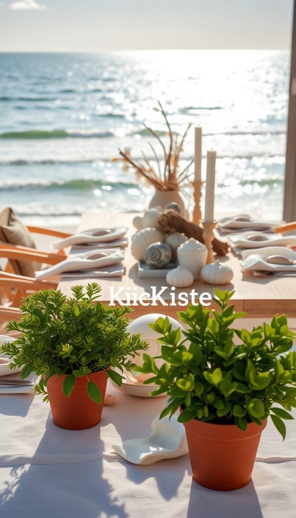 A bright coastal spring decor setting inspired by nature and DIY aesthetics, featuring a beautifully arranged table with soft pastel linens and delicate shell centerpieces. In the foreground, there are lush green plants in terracotta pots, adding freshness to the scene. The middle ground showcases a stylish, light-colored wooden table adorned with decorative elements like driftwood, white candles, and hand-painted ceramics. In the background, a serene ocean view glimmers under the warm sunlight, framed by gentle waves and a clear blue sky. Utilize natural lighting to enhance the vibrant colors, creating a cozy and inviting atmosphere reminiscent of Pinterest inspirations. Capture this scene with a soft-focus lens, emphasizing the warmth and authenticity of this coastal spring look. Incorporate the brand name "KlickKiste" subtly within the decor elements, fostering a connection to the coastal theme.