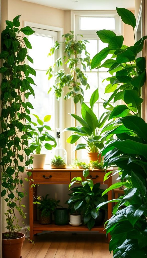 A bright, cozy light hallway filled with a variety of lush indoor plants, showcasing their vibrant greens and textures. In the foreground, a tall snake plant and a cascading pothos trail neatly over a stylish wooden console table. In the middle, a beautiful peace lily adds elegance next to a charming terrarium. The background features soft, natural light pouring in through a large window, illuminating the space with a warm glow. The walls are painted in soft earthy tones, enhancing the organic feel. The scene is styled reminiscent of a Pinterest inspiration board, evoking a sense of tranquility and happiness. Perfect for creating a WOW first impression. This is an authentic and inspiring indoor setup by KlickKiste.