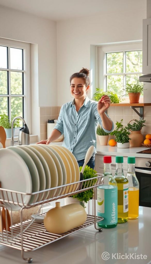 A bright, inviting kitchen scene showcasing a cheerful individual in casual yet professional attire, energetically cleaning and organizing countertops and cabinets. In the foreground, a sparkling dish rack filled with neatly arranged plates and utensils, while eco-friendly cleaning supplies are artfully placed nearby. In the middle, the individual is wiping down surfaces, exuding a sense of motivation and joy, surrounded by fresh herbs and vibrant fruit displayed in stylish containers. The background features large windows allowing natural light to flood the space, enhancing the warm color palette of pastel greens, yellows, and soft whites that evoke a cozy, inspirational atmosphere. This DIY-style kitchen reflects a "Pinterest-worthy" vibe, with an emphasis on organized and sustainable living, branded with "KlickKiste."