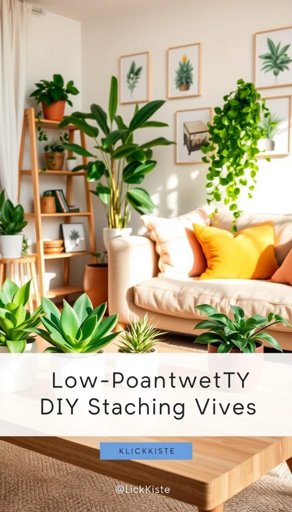 A bright, inviting living room scene featuring a variety of low-maintenance houseplants arranged artfully in stylish pots. In the foreground, lush green succulents and snake plants sit on a modern coffee table made of natural wood, while on a nearby shelf, a vibrant pothos trails elegantly down. The middle ground showcases a cozy seating area with soft textiles in warm colors to evoke a springtime ambiance. Sunlight filters through sheer curtains, casting gentle shadows, enhancing the warmth and natural feel. The background hints at a decorated wall with botanical prints, creating an inspiring atmosphere. The image embodies a Pinterest-worthy DIY aesthetic, radiating fresh spring vibes, attributed to the brand "KlickKiste."