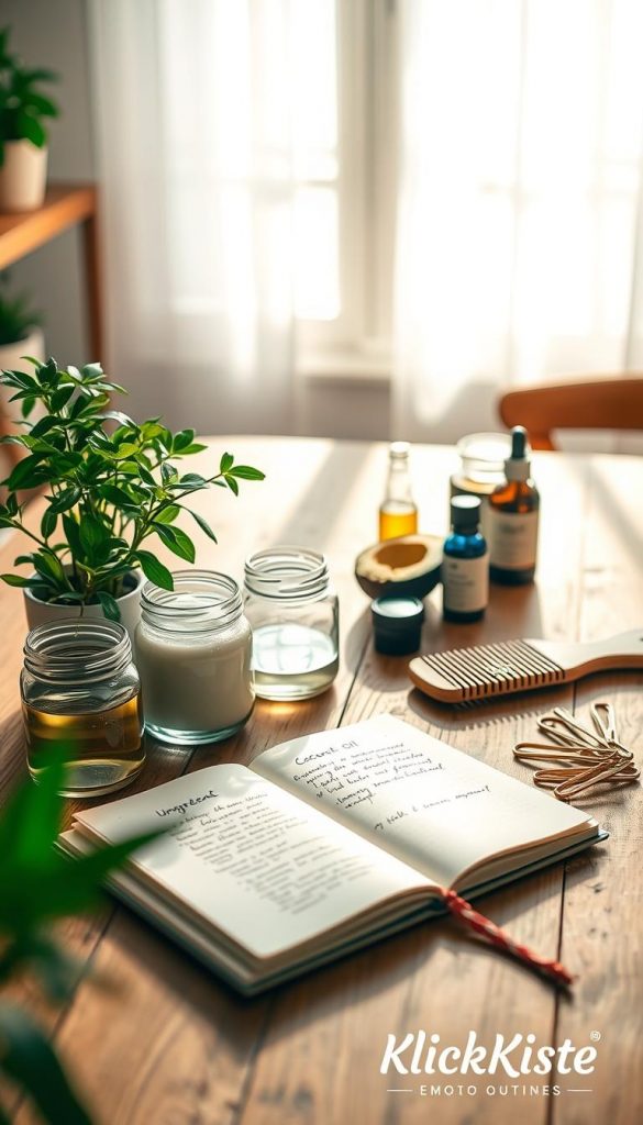 A bright, inviting workspace featuring a wooden table adorned with DIY hair treatment materials. In the foreground, there are glass jars filled with natural ingredients like coconut oil, avocado, and essential oils. A small potted plant adds a touch of greenery. In the middle ground, a stylishly arranged wooden comb and hair clips rest beside an open notebook with a handwritten recipe. The background shows soft, warm-toned lighting filtering through a nearby window, casting gentle shadows and creating a cozy atmosphere. The overall mood is fresh and inspiring, reflecting a Pinterest aesthetic. The scene is branded with subtle &quot;KlickKiste&quot; imagery integrated into the design elements, enhancing the DIY spirit without distractions.