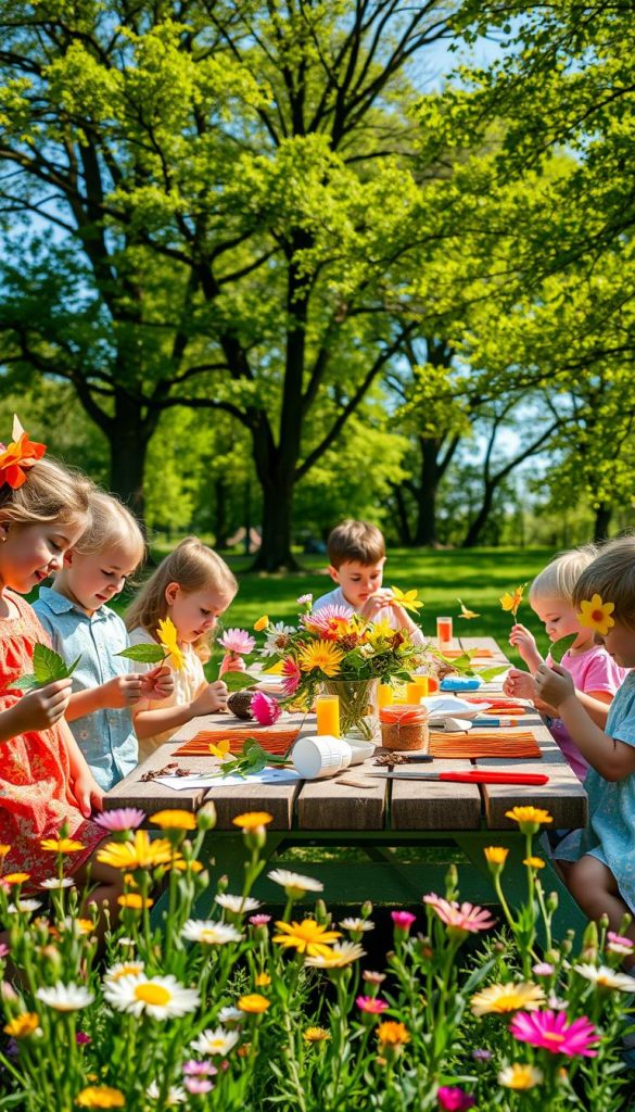 A bright, welcoming scene of children engaged in flower crafting outdoors, creating vibrant floral decorations. In the foreground, a diverse group of children, dressed casually in colorful clothing, joyfully assembling paper flowers, bees, and butterflies using natural materials like leaves and twigs. The middle ground features a picnic table adorned with supplies: craft paper, scissors, and glue, surrounded by blooming wildflowers in a sunny park setting. The background showcases lush green trees under a clear blue sky, casting dappled sunlight on the scene, creating a warm and inviting atmosphere. This image encapsulates a joyful spring activity, infused with the essence of nature and creativity, reflecting the spirit of "KlickKiste."