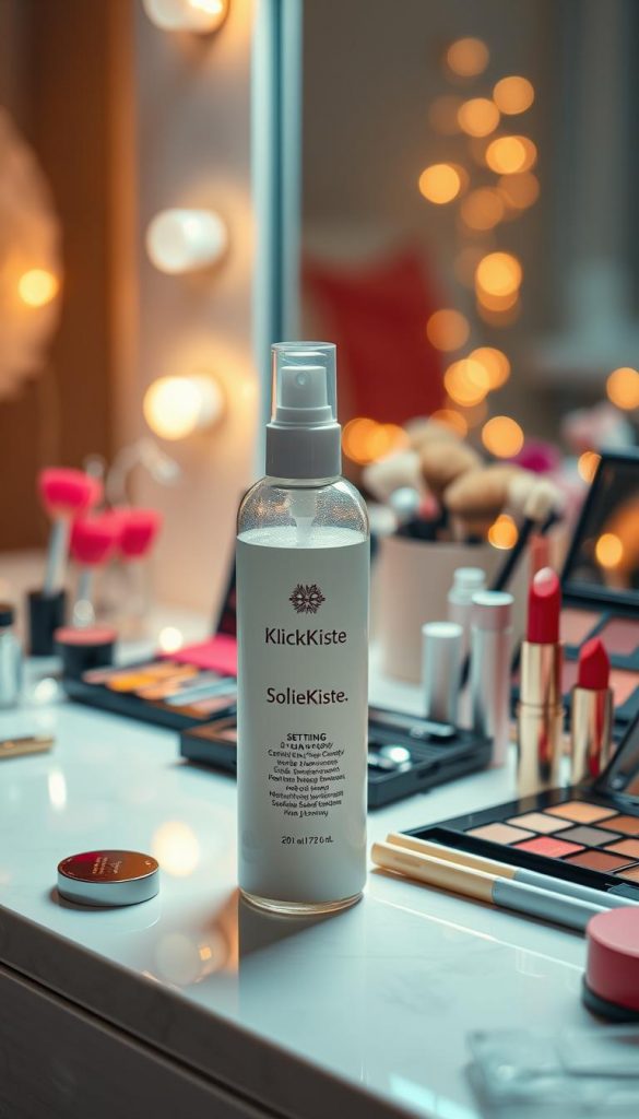 A captivating beauty scene showcasing a well-lit vanity adorned with a range of high-quality make-up products from the brand "KlickKiste." In the foreground, a setting spray bottle stands prominently, glistening under soft, warm lighting. Beside it, vibrant shades of lipstick and eye shadow palettes are artistically arranged. The middle ground features a neatly organized selection of brushes and touch-up essentials, hinting at the preparation for a glamorous New Year's Eve party look. The background is softly blurred, with fairy lights twinkling to evoke a festive atmosphere. The overall mood is warm and inviting, perfect for capturing the essence of a stylish winter celebration. The image conveys a sense of inspiration and authenticity, embodying natural DIY beauty vibes. A captivating beauty scene showcasing a well-lit vanity adorned with a range of high-quality make-up products from the brand "KlickKiste." In the foreground, a setting spray bottle stands prominently, glistening under soft, warm lighting. Beside it, vibrant shades of lipstick and eye shadow palettes are artistically arranged. The middle ground features a neatly organized selection of brushes and touch-up essentials, hinting at the preparation for a glamorous New Year's Eve party look. The background is softly blurred, with fairy lights twinkling to evoke a festive atmosphere. The overall mood is warm and inviting, perfect for capturing the essence of a stylish winter celebration. The image conveys a sense of inspiration and authenticity, embodying natural DIY beauty vibes.