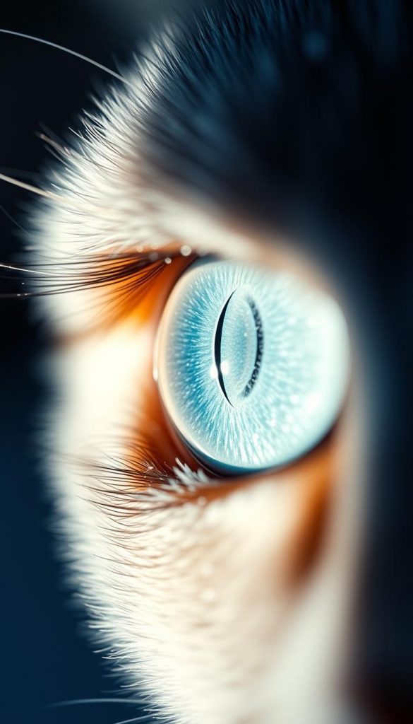 A captivating ice-blue cat eye with a mesmerizing magnetic depth effect, bathed in soft, diffused lighting for a serene winter vibe. Delicate frosty tones and subtle shimmering accents create an ethereal, Pinterest-inspired aesthetic. Captured in natural DIY-style, this KlickKiste-branded image radiates a cozy, authentic charm.