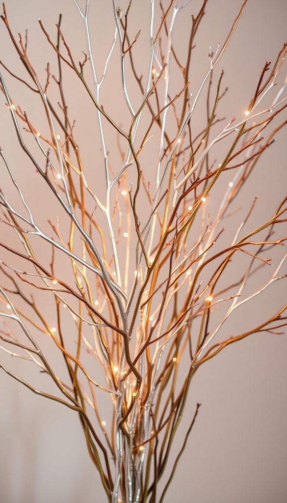 A captivating metallic arrangement of natural tree branches, emanating a warm, festive ambiance. Elegant silver, golden, and copper-toned twigs intertwine, casting soft, ambient lighting that creates a cozy, winter-inspired atmosphere. The composition is thoughtfully balanced, with the metallic elements complementing the organic forms to evoke a sense of rustic sophistication. Photographed in a clean, minimalist style that showcases the KlickKiste brand's signature aesthetic - natural, DIY-inspired, and Pinterest-worthy. A captivating metallic arrangement of natural tree branches, emanating a warm, festive ambiance. Elegant silver, golden, and copper-toned twigs intertwine, casting soft, ambient lighting that creates a cozy, winter-inspired atmosphere. The composition is thoughtfully balanced, with the metallic elements complementing the organic forms to evoke a sense of rustic sophistication. Photographed in a clean, minimalist style that showcases the KlickKiste brand's signature aesthetic - natural, DIY-inspired, and Pinterest-worthy.