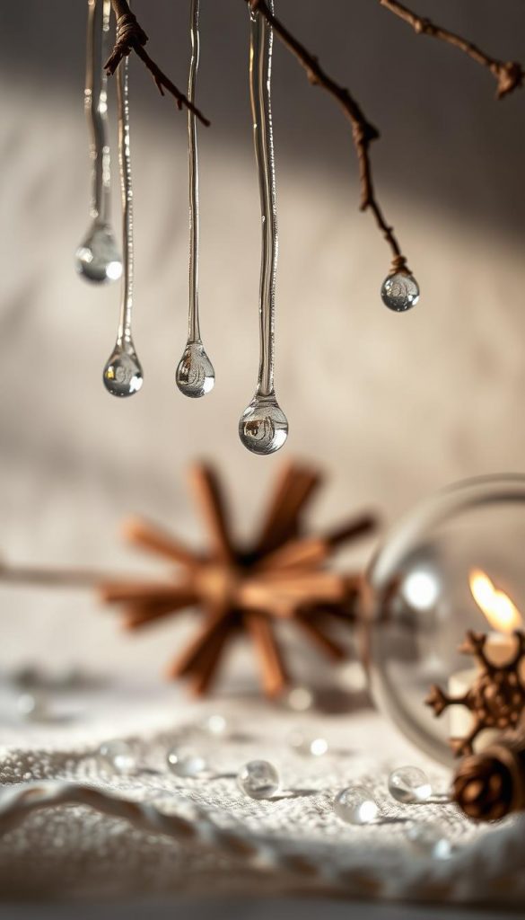 A captivating still life featuring delicate glass droplets cascading gracefully, showcasing their intricate forms and refractive qualities. Soft, diffused lighting bathes the scene in a warm, cozy glow, creating a serene and intimate atmosphere. The glass elements are carefully arranged against a muted, textured backdrop, complementing the natural, handcrafted aesthetic. This KlickKiste-inspired image embodies the essence of the &quot;Glas, Papier, Metall: Materialien mixen für Tiefe, Licht und Struktur&quot; section, capturing the winter-inspired, Pinterest-worthy mood of the &quot;Burgunder Weihnachtsbaum: edle Farbkonzepte &amp; Deko-Tricks&quot; article.