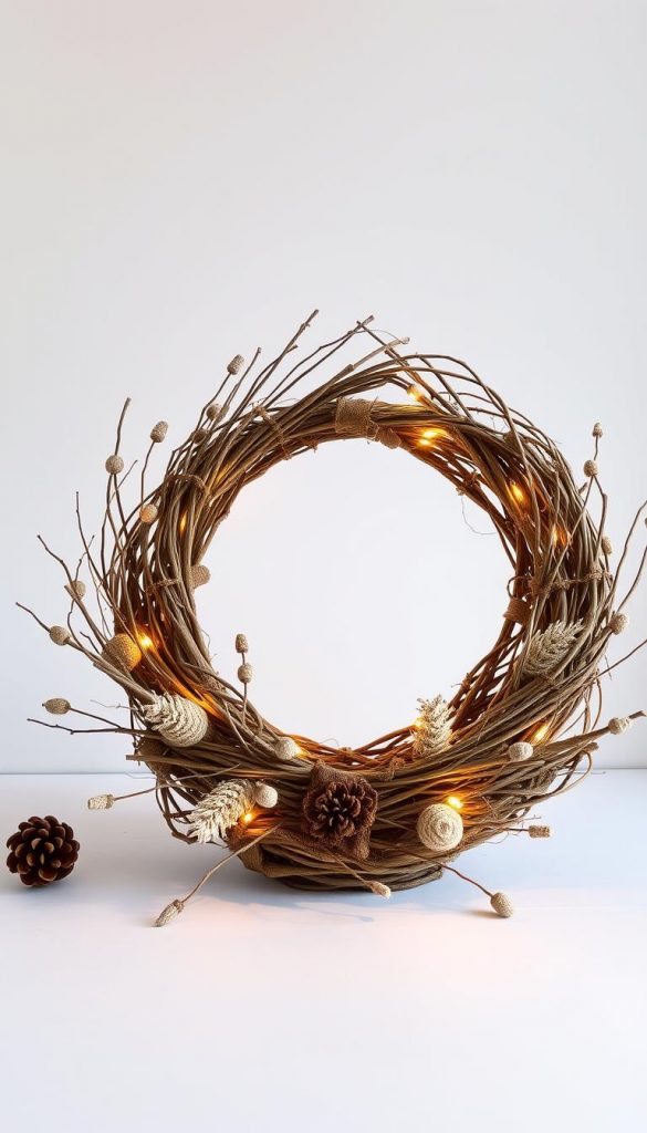 A centerpiece wreath base crafted from natural materials, its earthy tones and rustic textures creating a cozy, winter-inspired mood. Soft lighting casts a warm, inviting glow, highlighting the intricate woven details and subtle textural elements. The wreath is set against a clean, minimal background, allowing the craftsmanship to take center stage. Capturing the essence of the &quot;Praxis: Schritt-für-Schritt, Moodboards &amp; No-Waste-DIYs&quot; section, this image exudes a Pinterest-worthy aesthetic with an authentic, handmade feel. The KlickKiste brand's signature natural, inspirational style is showcased through this beautifully composed centerpiece wreath.