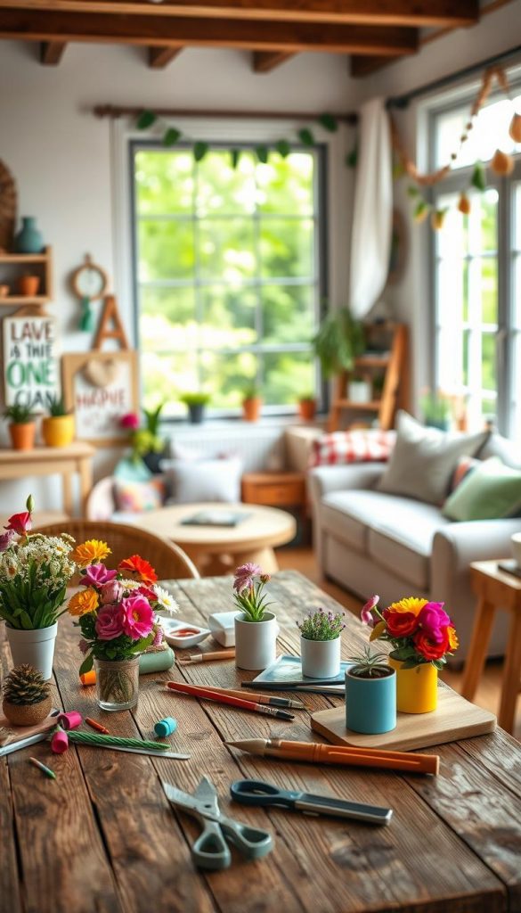 A charming and inviting scene showcasing a variety of spring DIY home projects. In the foreground, a rustic wooden table is adorned with colorful flowers, small potted plants, and tools like paintbrushes and scissors, emphasizing creativity. The middle ground features a cozy living space with handmade decorations, such as a hand-painted sign and cheerful garlands, radiating a Pinterest-inspired aesthetic. In the background, a sunlit window reveals lush greenery outside, creating a warm and vibrant atmosphere. Soft, natural lighting enhances the colors, giving a feeling of warmth and inspiration. This image embodies the spirit of "KlickKiste" DIY projects, inviting viewers to start their own spring upgrades with a sense of joy and creativity.