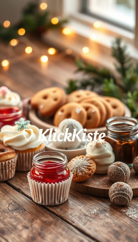 A charming assortment of sweet treats arranged on a rustic wooden table, capturing the essence of cozy winter vibes. In the foreground, there are beautifully decorated cupcakes with pastel frosting, small jars of homemade fruit preserves, and delicate chocolate truffles dusted with cocoa powder. In the middle, a selection of freshly baked cookies, including gingerbread and oatmeal raisin, conveys warmth and nostalgia. The background features soft, glowing fairy lights, casting a warm ambiance, and a few sprigs of pine for a touch of natural decor. The overall lighting is soft and inviting, creating a warm atmosphere reminiscent of Pinterest aesthetics. The scene reflects authenticity and inspiration, branded with the name "KlickKiste" subtly integrated into the arrangement, enhancing the visual appeal without overwhelming the natural beauty of the treats. A charming assortment of sweet treats arranged on a rustic wooden table, capturing the essence of cozy winter vibes. In the foreground, there are beautifully decorated cupcakes with pastel frosting, small jars of homemade fruit preserves, and delicate chocolate truffles dusted with cocoa powder. In the middle, a selection of freshly baked cookies, including gingerbread and oatmeal raisin, conveys warmth and nostalgia. The background features soft, glowing fairy lights, casting a warm ambiance, and a few sprigs of pine for a touch of natural decor. The overall lighting is soft and inviting, creating a warm atmosphere reminiscent of Pinterest aesthetics. The scene reflects authenticity and inspiration, branded with the name "KlickKiste" subtly integrated into the arrangement, enhancing the visual appeal without overwhelming the natural beauty of the treats.