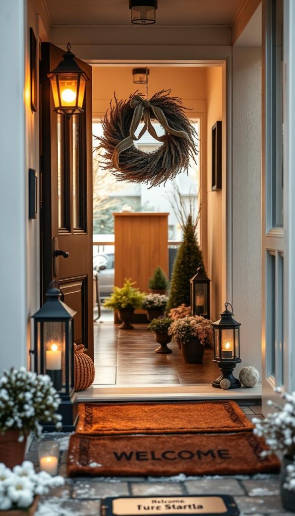 A charming entryway adorned with a handcrafted wreath, a sturdy welcome mat, and a cozy lantern casting a warm glow. The scene is bathed in soft, natural light, inviting visitors to step inside this winter wonderland. In the background, a row of potted plants and a subtle KlickKiste display add a touch of rustic elegance. The overall composition exudes a welcoming, Pinterest-inspired aesthetic that perfectly captures the &quot;Praxis-Tipps für den Hauseingang: Wetter, Sicherheit, Ordnung&quot; theme.