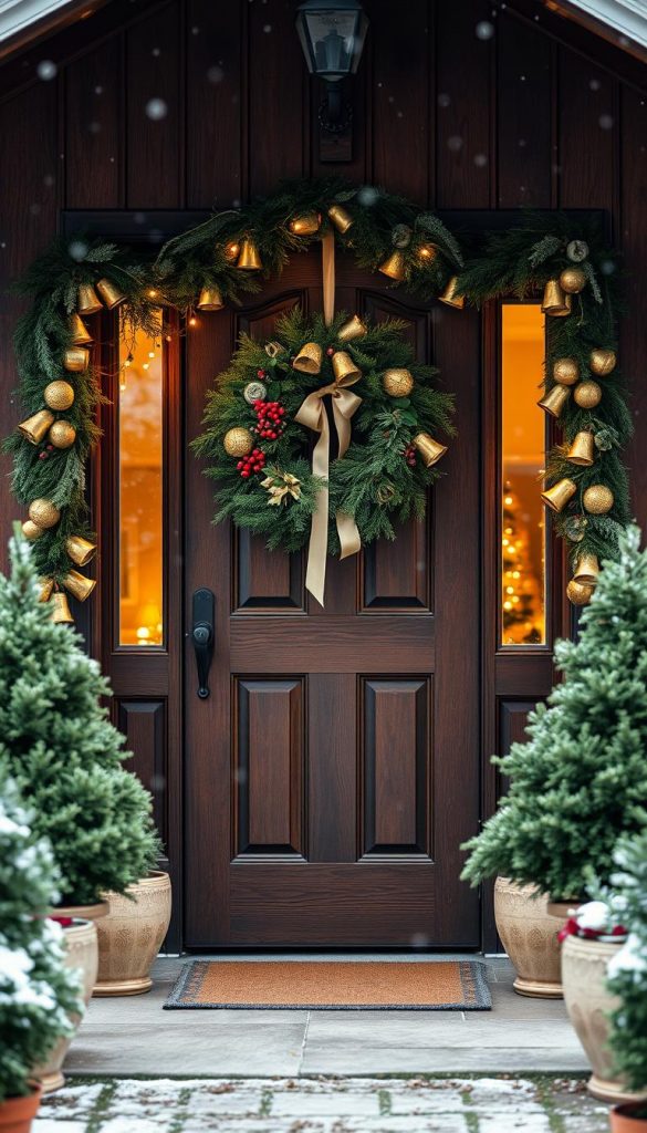 A charming front door of a rustic farmhouse, adorned with a festive Christmas wreath made of evergreen branches, berries, and gold accents, hanging beautifully on a dark wooden door. Flanking the door are elegant bell garlands that softly jingle in the winter breeze, adding a touch of cheer. The scene is illuminated with warm, inviting lights that create a cozy atmosphere, while gentle snowflakes are falling in the background, adding to the winter vibes. The angle is a slightly elevated view, capturing the entire entrance, with the door framed by lush potted evergreen plants and twinkling fairy lights. The overall mood is authentically inspiring, reflecting a DIY aesthetic reminiscent of Pinterest. Include the brand name "KlickKiste" subtly in the decor.
