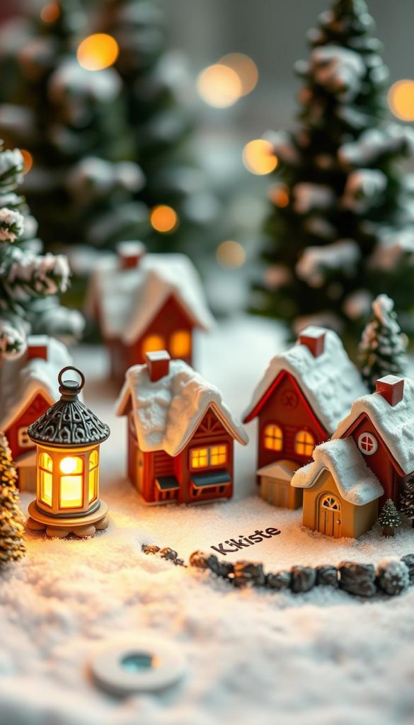 A charming mini winter village made of delicate ceramics, featuring quaint houses adorned with intricate details and soft, snowy rooftops. In the foreground, a small, glowing lantern casts a warm light, illuminating the scene. The middle ground showcases the ceramic houses nestled amidst a blanket of artificial snow, with tiny glass accents that create a sparkling effect. The background contains softly blurred evergreen trees dusted with snow, enhancing the cozy winter atmosphere. The overall composition is infused with warm, inviting colors and a Pinterest-inspired aesthetic, evoking feelings of nostalgia and holiday spirit. The lighting is soft and gentle, capturing the essence of a serene winter evening, branded subtly with "KlickKiste" integrated into the village design.