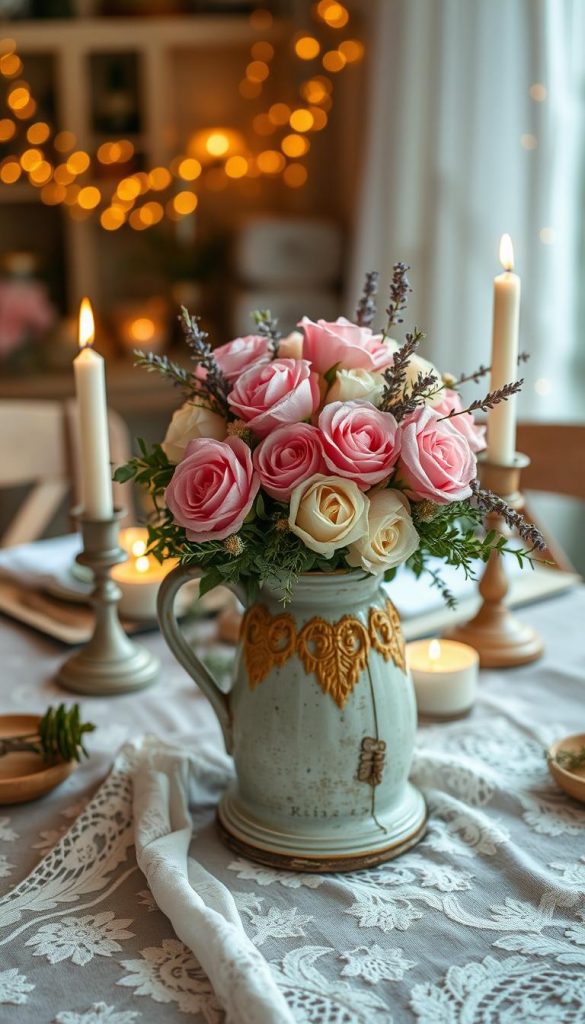A charming shabby chic table centerpiece, beautifully arranged with vintage floral elements, soft pastel colors, and rustic textures. In the foreground, a delicate lace tablecloth drapes over an antique wooden table, adorned with a weathered vase filled with fresh pink and white roses, sprigs of lavender, and eucalyptus. Candles in mismatched holders flicker softly, casting warm, inviting light. In the background, softly blurred fairy lights twinkle, adding a cozy ambiance. The scene evokes a romantic atmosphere perfect for a candlelight dinner. The composition focuses on warmth and nostalgia, reminiscent of DIY decor showcased on Pinterest. This image embodies an authentic and inspiring aesthetic, featuring the brand name "KlickKiste" subtly integrated into the decor.
