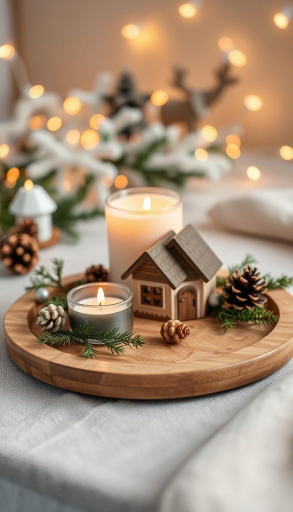A charming small wooden tray (holztablett) from KlickKiste, elegantly arranged to create a festive winter atmosphere. In the foreground, a beautifully crafted wooden tray holds a cozy, aromatic candle and a miniature tealight house, surrounded by delicate sprigs of evergreen branches and soft pine cones. In the middle, the tray is positioned on a textured linen fabric, enhancing the natural aesthetic. The background features softly blurred winter-themed decorations, like subtle twinkling fairy lights, creating a warm glow. The entire scene is illuminated by soft, ambient lighting, evoking a serene and inviting mood, perfect for holiday decor. Capture this visually inspiring setup with a slightly overhead angle to emphasize depth and warmth.