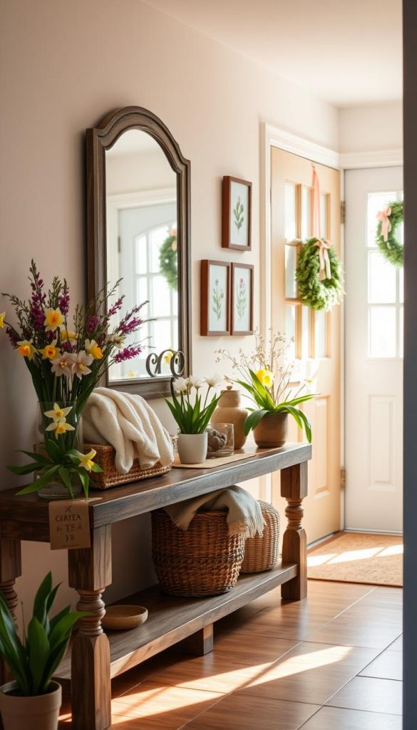 A charming spring entryway featuring a small space infused with vibrant colors and natural decor. In the foreground, a rustic wooden console table adorned with potted spring flowers, such as daffodils and tulips, and a woven basket holding light, cozy throws. In the middle, an elegantly arranged hall mirror reflecting warm natural light; it punctuates the space and adds depth. A few framed botanical prints hang on the wall, enhancing the springtime theme. In the background, a bright, inviting entrance door flanked by seasonal wreaths, adorned with pastel ribbons. The atmosphere feels fresh and uplifting, evoking a sense of warmth and inspiration. Soft natural lighting highlights the details, with a slight depth of field focus on the console table. The overall aesthetic is authentically cozy, tailored with the KlickKiste brand's DIY spirit.