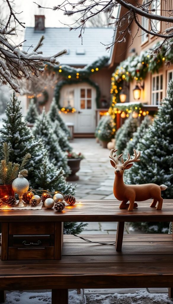 A charming winter garden scene for a farmhouse, embodying the spirit of DIY holiday decor. In the foreground, a rustic wooden table adorned with sparkly ornaments, pinecones, and soft, glowing fairy lights. Flanking the table, hand-painted wooden reindeer with warm brown tones stand proudly. In the middle ground, a winding pathway leads through snow-dusted evergreen shrubs, illuminated by vintage-style stable lights casting a gentle glow. The background features a cozy farmhouse with frosted windows, surrounded by garlands of greenery and red berries draping along the railings. The atmosphere is warm and inviting, with a nostalgic winter vibe, reflecting the essence of "KlickKiste" decor inspiration. Soft sunlight filters through the branches, casting a serene and inspiring ambiance.