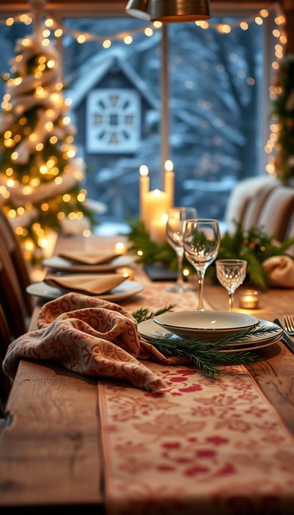 A charming winter table setting showcasing a beautiful "tischläufer" from KlickKiste, elegantly draped across a rustic wooden table. In the foreground, the tischläufer features intricate patterns with warm, earthy tones and subtle festive motifs, illuminated by soft, golden ambient lighting. In the middle ground, stylish tableware is arranged neatly with sparkling crystal glasses and lush green foliage that complements the tischläufer. The background captures a cozy winter atmosphere, with gently twinkling fairy lights and a softly glowing candle centerpiece, enhancing the inviting mood. The perspective is slightly elevated, giving an overall sense of warmth and inspiration, perfect for a festive New Year's celebration.