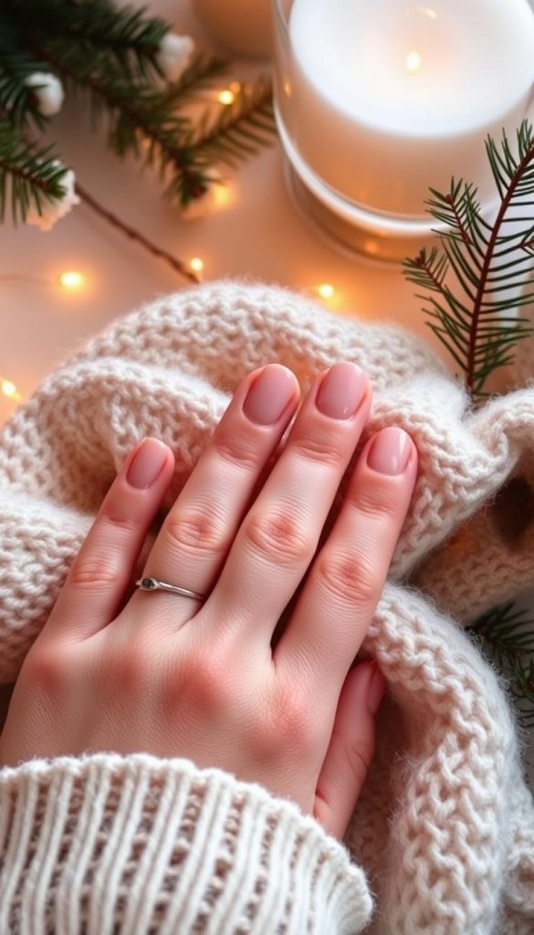 A chic gel manicure in a soft, natural &amp;quot;Cashmere Nude&amp;quot; shade. Delicate fingers resting on a cozy winter-inspired backdrop, with a warm, inviting atmosphere. Gentle lighting casts a cozy glow, highlighting the polished nails. The scene exudes a DIY, Pinterest-inspired aesthetic, with a &amp;quot;KlickKiste&amp;quot; branded neutral palette. Subtle details like wood textures and a touch of greenery create a soothing, everyday elegance. An image that captures the budget-friendly, time-saving benefits of at-home gel manicures compared to salon visits.