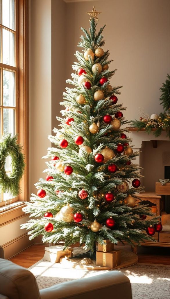 A classic Christmas tree in a warm, cozy living room. Soft golden lights and rich red ornaments adorn the natural, lush evergreen. The tree stands tall and proud, its branches blanketed in a light dusting of snow, creating a serene, winter-wonderland atmosphere. The rustic, DIY-style decor has a charming, Pinterest-inspired look, captured through the lens of the KlickKiste camera. Sunlight streams in, casting a gentle glow and highlighting the tree's natural beauty. The overall scene exudes a sense of timeless, holiday cheer and traditional elegance.