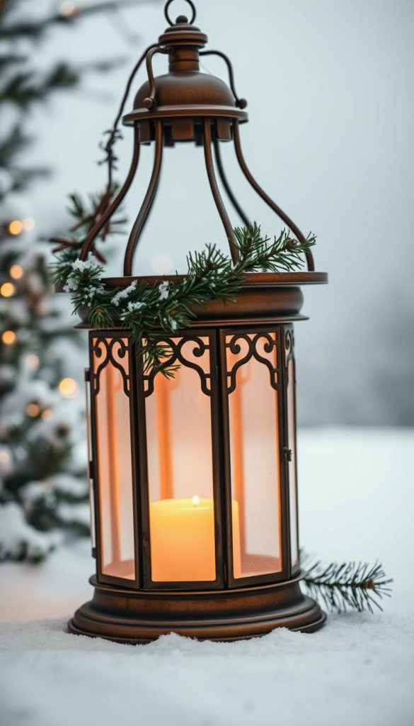 A classic German Weihnachtslaterne with a warm, inviting glow. The lantern's intricate metalwork casts a soft, ambient light, illuminating the snowy winter scene. Frosted glass panels create a cozy, atmospheric effect, while a subtle pine garland adds a natural, rustic touch. The lantern stands in the foreground, its warm tones complemented by a midground of snow-dusted pine trees and a distant, hazy background of soft blues and whites. Muted, earthy tones throughout, evoking a sense of timeless, traditional charm. Natural, DIY-inspired aesthetics with a touch of modern minimalism for an authentic, Pinterest-worthy vignette. A classic German Weihnachtslaterne with a warm, inviting glow. The lantern's intricate metalwork casts a soft, ambient light, illuminating the snowy winter scene. Frosted glass panels create a cozy, atmospheric effect, while a subtle pine garland adds a natural, rustic touch. The lantern stands in the foreground, its warm tones complemented by a midground of snow-dusted pine trees and a distant, hazy background of soft blues and whites. Muted, earthy tones throughout, evoking a sense of timeless, traditional charm. Natural, DIY-inspired aesthetics with a touch of modern minimalism for an authentic, Pinterest-worthy vignette.