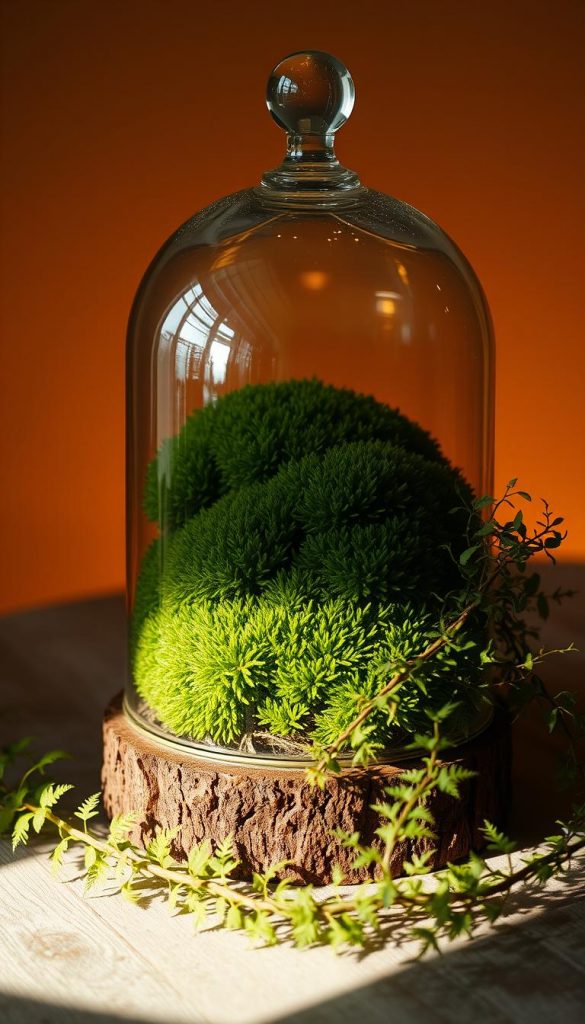 A cloche display filled with lush, verdant moss, backlit by warm, diffused light. The display sits atop a weathered wooden surface, casting a soft, inviting glow. Delicate ferns and trailing ivy cascade over the edges, adding depth and texture. The scene exudes a sense of natural, earthy beauty, perfect for a KlickKiste-inspired winter centerpiece. Subtle shadows and highlights create depth, while the overall composition evokes a serene, Pinterest-worthy aesthetic.