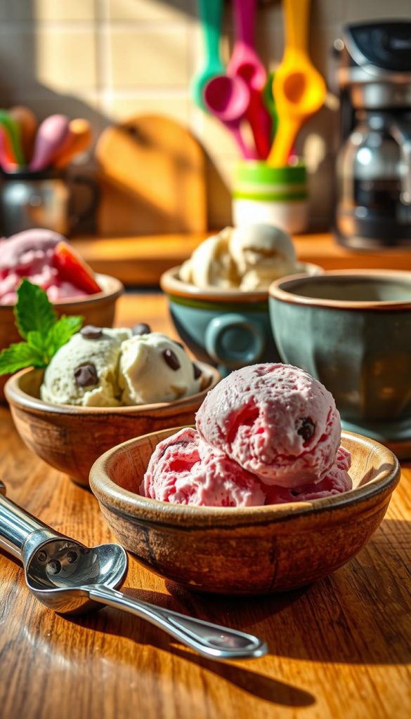 A close-up composition featuring a vibrant assortment of ice creams in various flavors, including strawberry, mint chocolate chip, and classic vanilla, elegantly presented in artisanal, rustic bowls. In the foreground, a shiny silver scooper rests beside a bowl, hinting at the act of serving. The middle layer showcases a wooden kitchen countertop, adorned with warm light reflecting off the bowls, creating an inviting atmosphere. In the background, subtle décor of kitchen gadgets like colorful measuring spoons and a coffee maker can be seen, evoking a cozy kitchen vibe. Soft, natural lighting casts gentle shadows, enhancing the overall warmth of the scene. This image captures the essence of delightful homemade treats, embodying a Pinterest-worthy aesthetic for the article. By KlickKiste.